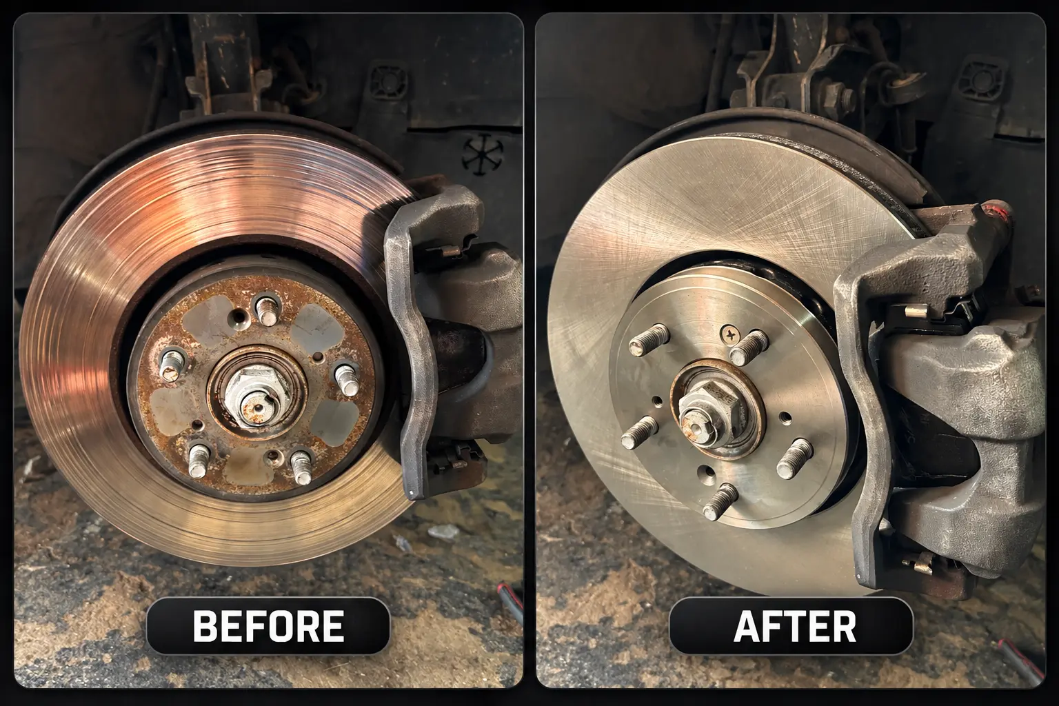 Before and after a rotor and pad job: the worn rotor on the left and replacement rotor with brake assembly on the right.