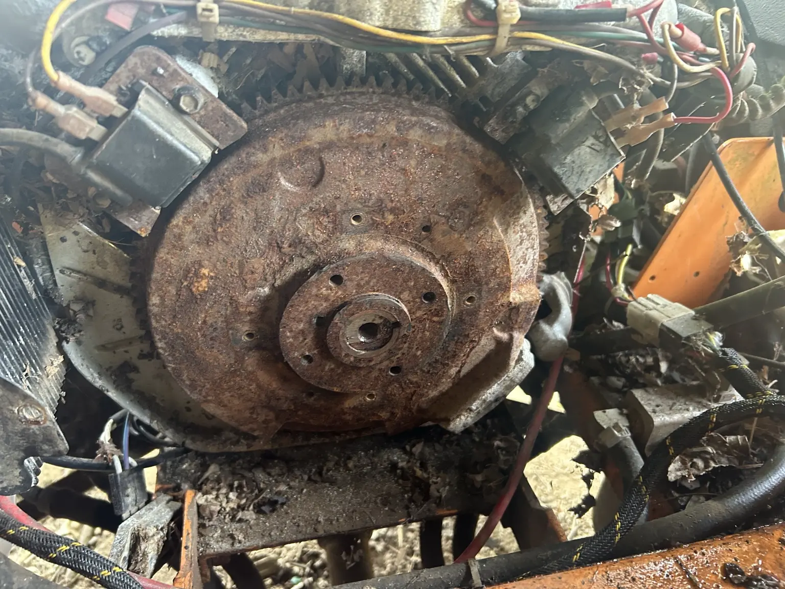 Exposed small engine flywheel, ignition components and wiring.