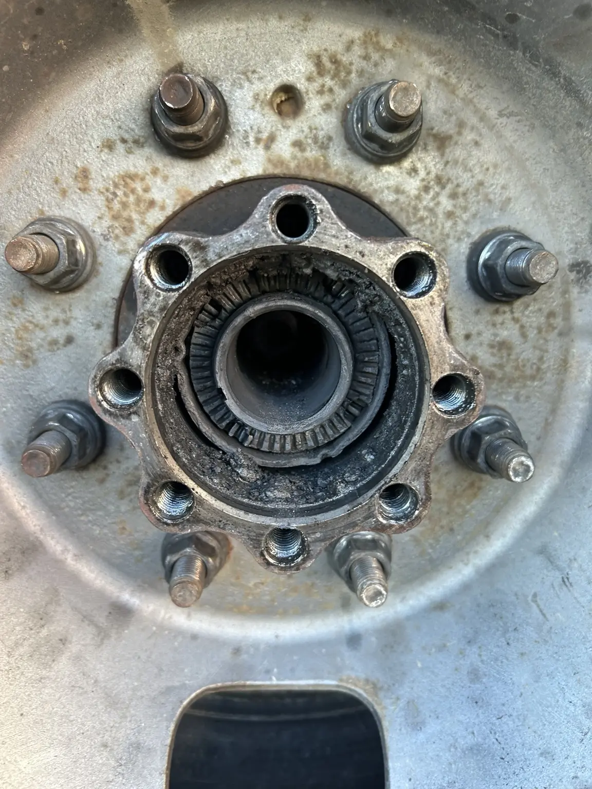 Inside the hub showing heat damage from the same blown hub seal and broken rear axle job.